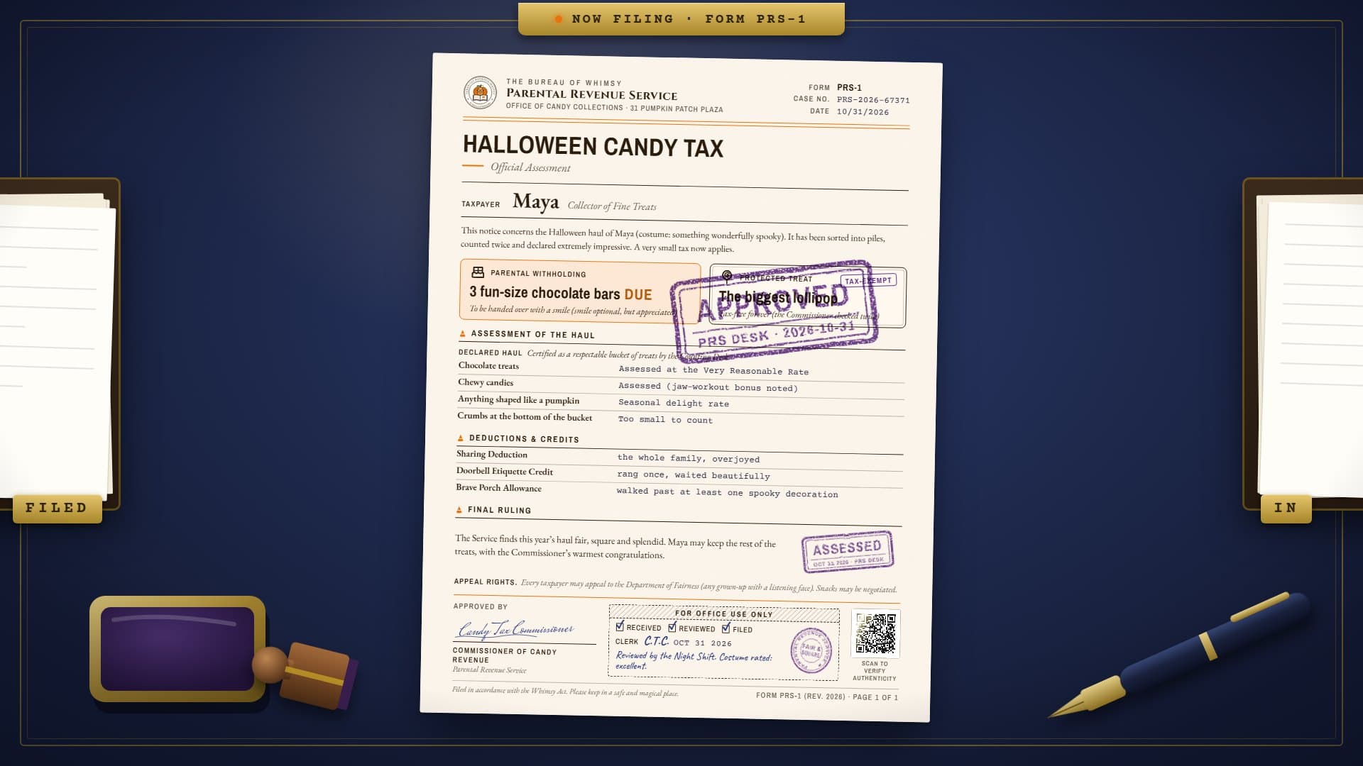 The Bureau’s filing desk: a Halloween Candy Tax Assessment for Maya lies on the desk, stamped Approved, between the In and Filed trays.